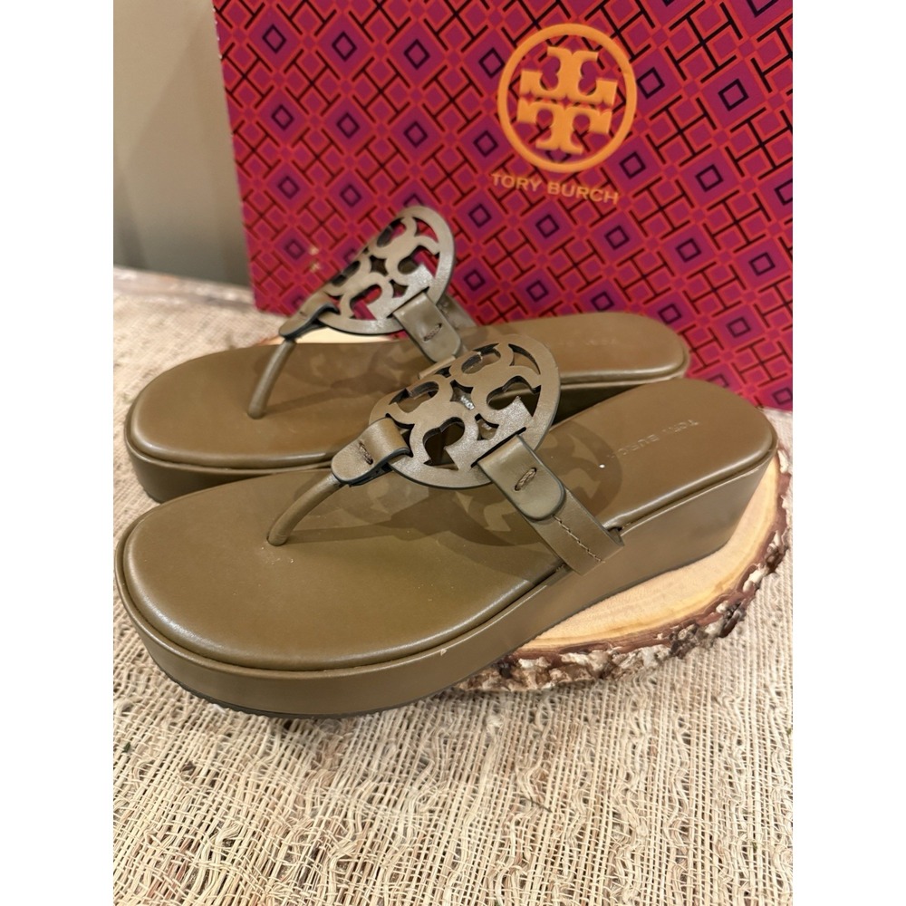 NEW TORY BURCH MILLER WEDGE 25mm BROWN LEATHER SANDALS 6M - Picture 2 of 10